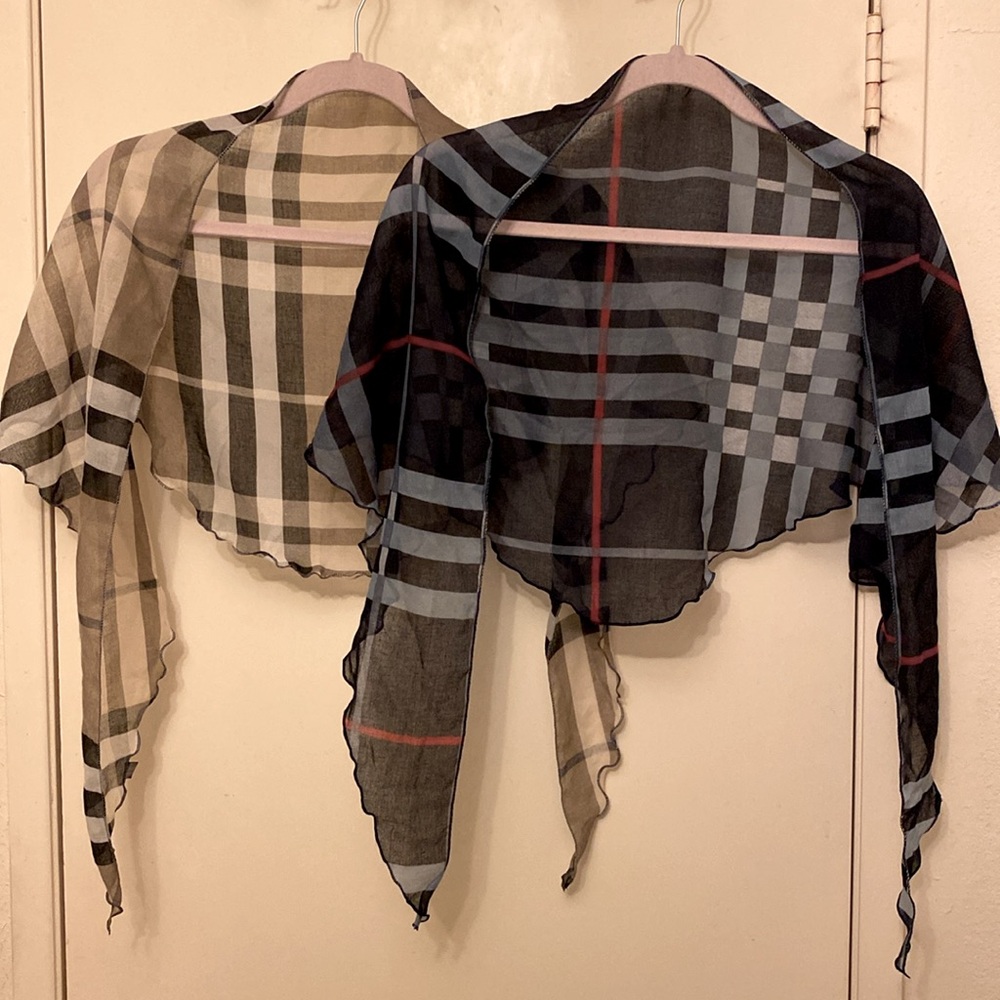 Two Semi-Sheer Designer Inspired Plaid Pattern Triangle Scarves in Tan and Blue - Picture 2 of 5